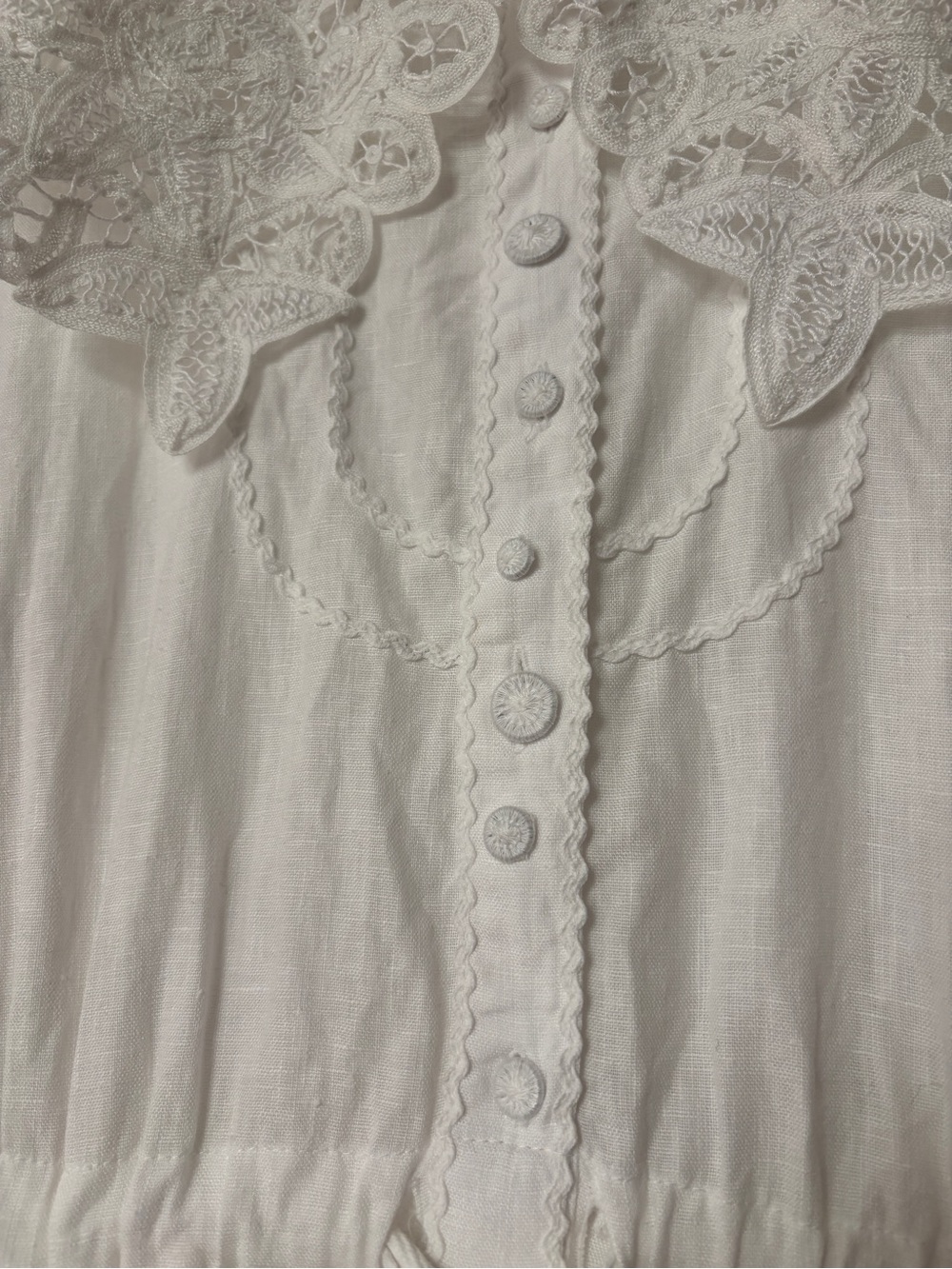 ULLA JOHNSON Fiona Midi Dress Bone White 100% Linen Size 8 Crochet Collar Tie - Picture 11 of 16